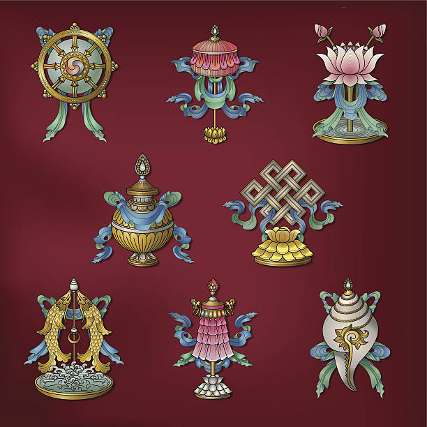 ilustraciones, imágenes clip art, dibujos animados e iconos de stock de ocho auspicious ashtamangala signos/símbolos: (auspicious budista) - religion symbol buddhism fish