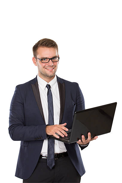 istock Businessman smiling holding laptop 499579728