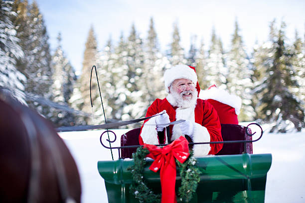 Santa Claus in His Sleigh at North Pole Santa Claus in his horse driven sleigh at the North Pole, surrounded by snow. Copy space. animal sleigh photos stock pictures, royalty-free photos & images