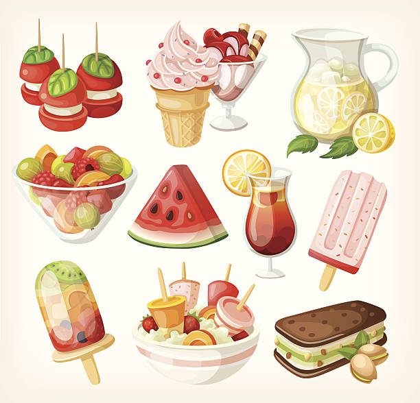 ilustrações de stock, clip art, desenhos animados e ícones de conjunto de alimentos de verão frio doce - cold sandwich illustrations