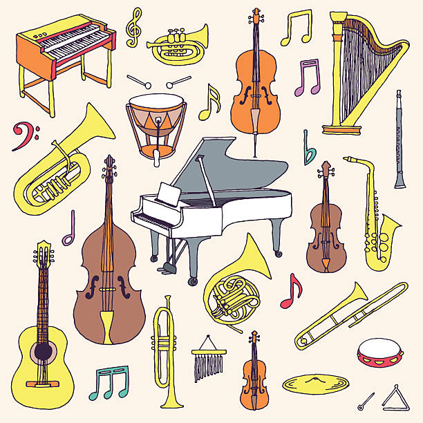 Hand drawn colorful doodle musical instruments. Classical orchestra. Vector illustration. Hand drawn colorful doodle musical instruments. Classical orchestra. Vector illustration. electric organ stock illustrations