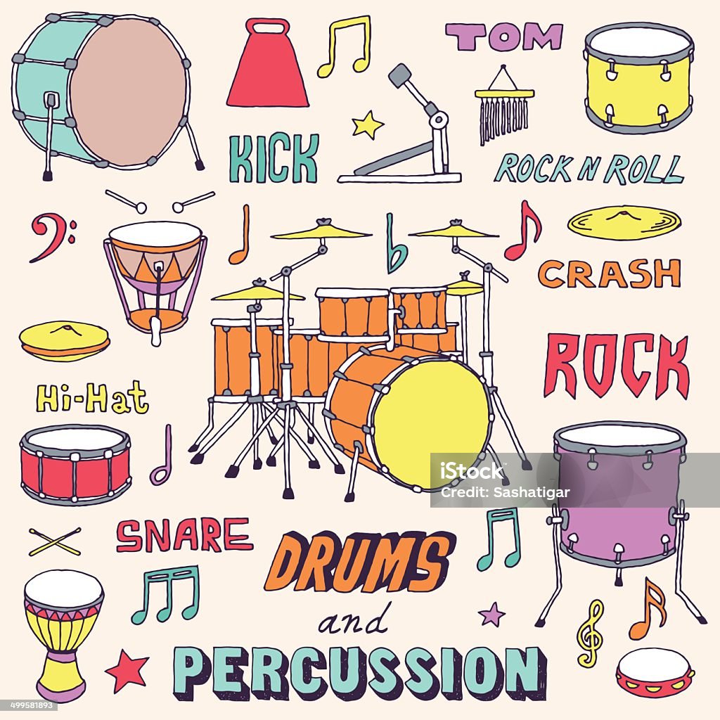 Hand drawn doodle musical instruments. Drums and Percussion. Vector illustration. Hand drawn doodle musical instruments. Colorful drums and Percussion. Vector illustration. Snare Drum stock vector