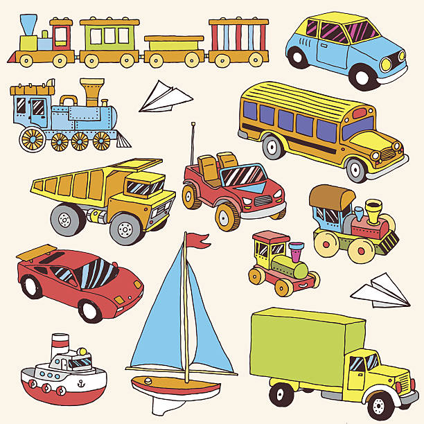 ręcznie rysowane zestaw kolorowe zabawki transportu.  ilustracja wektorowa. - passenger craft audio stock illustrations