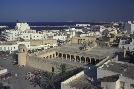 The Great Mosque with the wall in the old town or medina of Sousse on the Mediterranean Sea in Tunisia in North Africa.