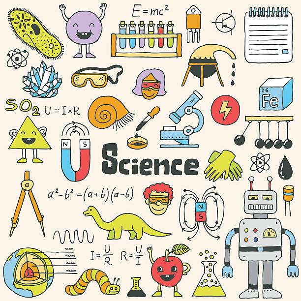 illustrazioni stock, clip art, cartoni animati e icone di tendenza di scuola scienza doodle set 1.  mano disegnata illustrazione vettoriale. - scienza