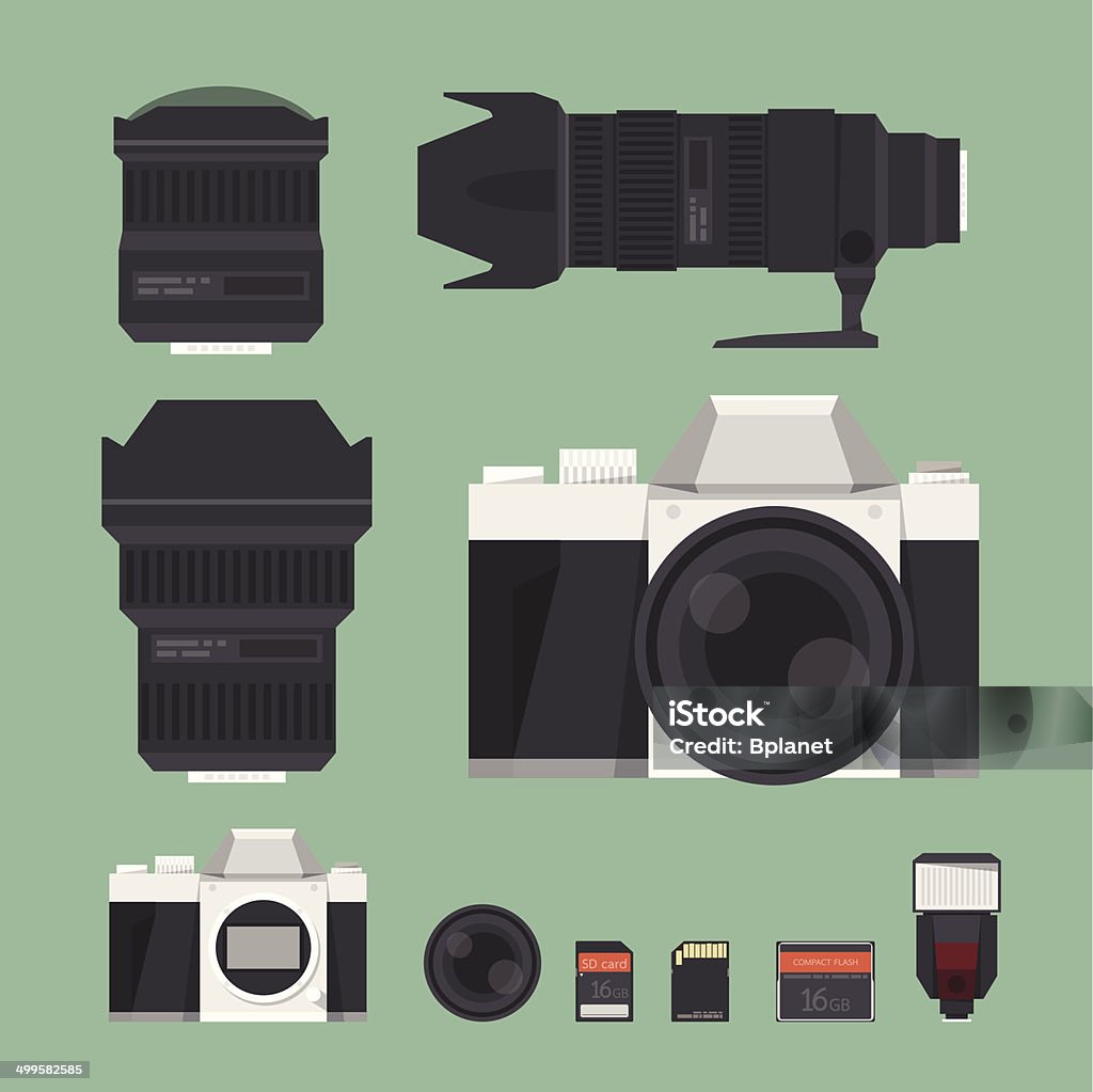 camera and lens DSLR digital camera accessories flat design, vector. Art stock vector