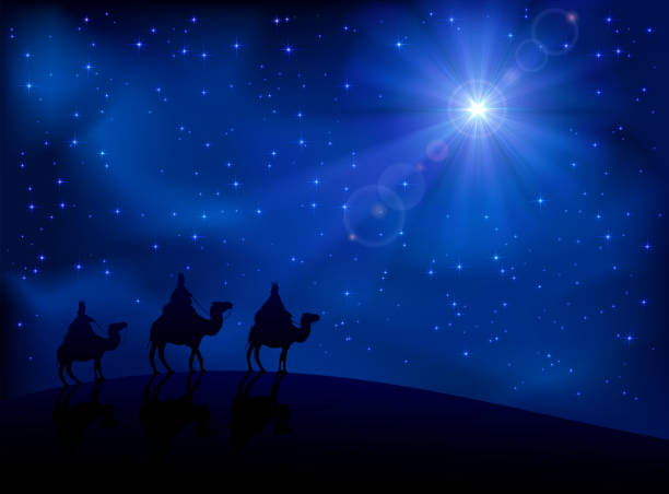 Three wise men and star Christian Christmas scene with the three wise men and shining star, illustration. christmas three wise men camel christianity stock illustrations