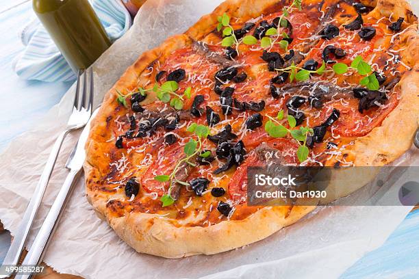 Olive Anchovy Pizza Stock Photo - Download Image Now - Baked, Baked Pastry Item, Black Olive