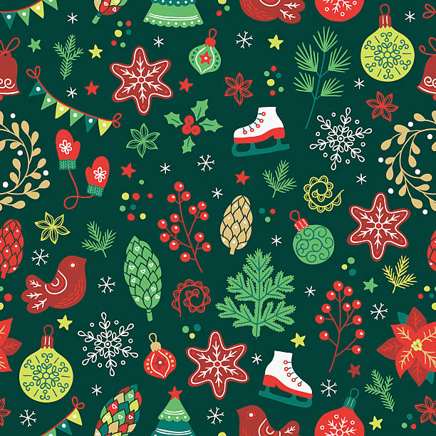 ilustrações de stock, clip art, desenhos animados e ícones de sem costura padrão de natal com árvore de abeto, mitenes, bolas, desejos em bolas, bico-de-papagaio - new years eve christmas paper christmas fir tree