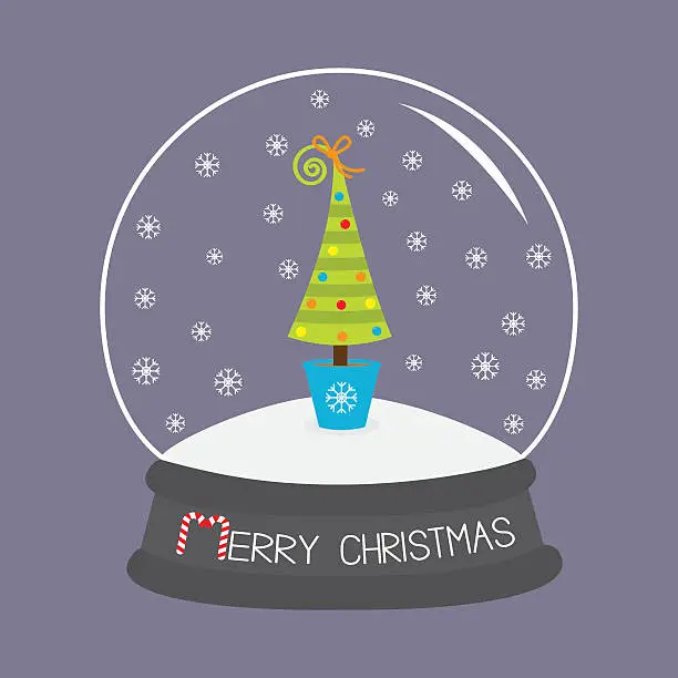 Vector illustration of Fir tree, toys, Crystal ball snowflakes. Merry Christmas Flat Violet