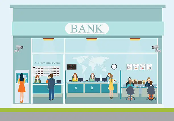Vector illustration of Bank building exterior and  bank interior.