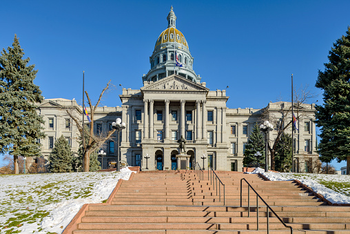 West side view of Colorado State Capitol Building, located in Denver Downtown's Civic Center area.