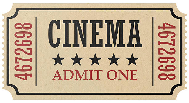 Retro cinema ticket isolated Vintage retro cinema creative concept: retro vintage cinema admit one ticket made of yellow textured paper isolated on white background, closeup view, 3d illustration cinema ticket stock pictures, royalty-free photos & images