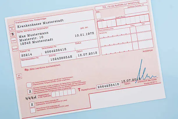 Typical german medical prescription form. All data on form including names, signature etc. are fake and made up