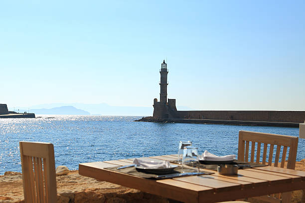 Rethymnon, Crete, Greece: Panorama View of the Old Traditional Venetian Harbor with Blue Sky
