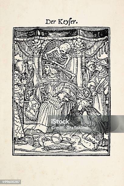 Emperor On 스로운 산 스켈레톤 메트로폴리스 댄스 사망 고풍스런에 대한 스톡 벡터 아트 및 기타 이미지 - 고풍스런, 타로 카드, 16세기