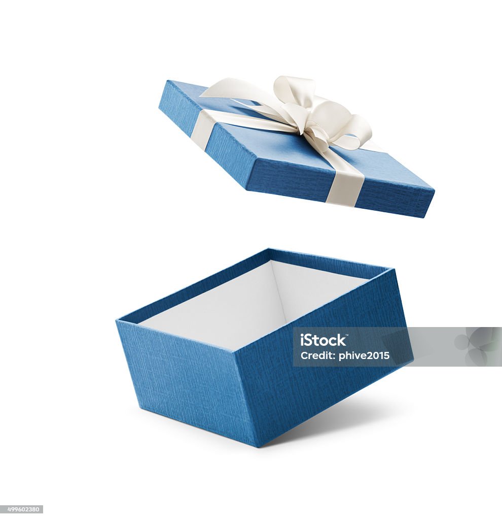 Blue Open Gift Box With White Bow Blue open gift box with white bow isolated on white Gift Box Stock Photo