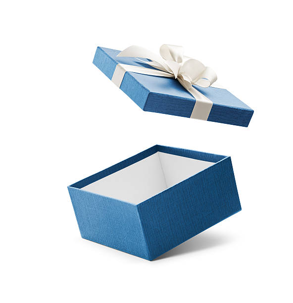 abrir caixa de presente azul com laço branco - descoberta imagens e fotografias de stock