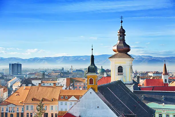 Roman Catholic Church and old town view in Sibiu, Romania