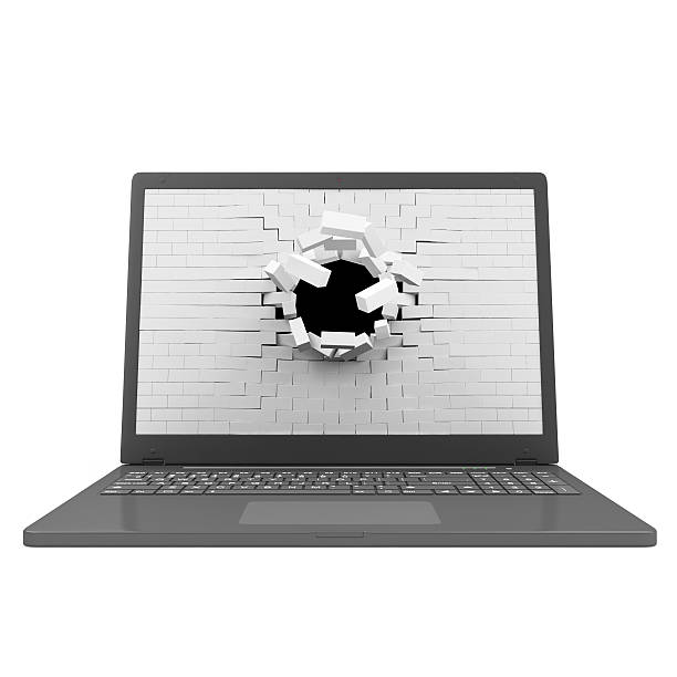 современный ноутбук с broken brick экран, изолированные на белом фоне - powerbook стоковые фото и изображения