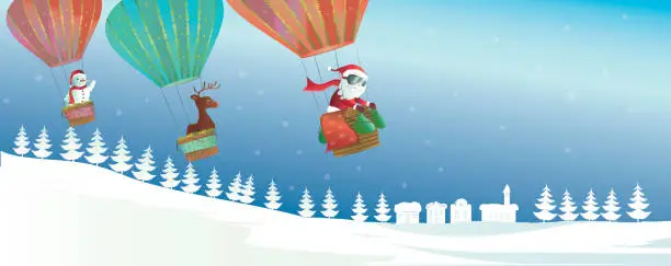 Vector illustration of banner with snowman, santa and reindeer in air ballon