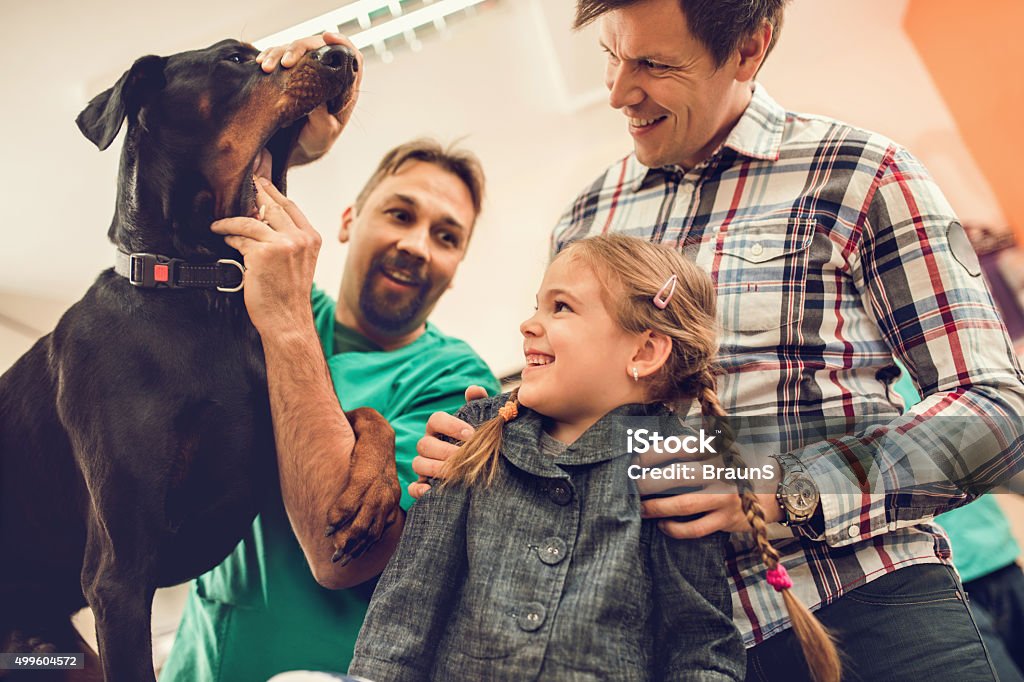 Below view of a family and their pet at veterinarian's. Low angle view of happy father and daughter brought their dog at vet's office. Dog Stock Photo