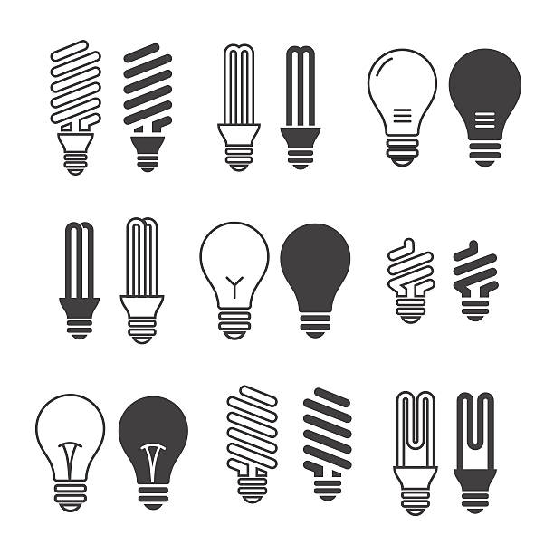 전등. 전구 아이콘 세트. 흰색 배경의 격리됨에. 제어용 - light bulb fluorescent light lighting equipment stock illustrations