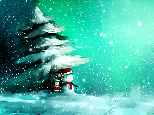 illustrations, cliparts, dessins animés et icônes de la peinture numérique de jolie fille avec bonhomme de neige en hiver - backgrounds canvas cold color image