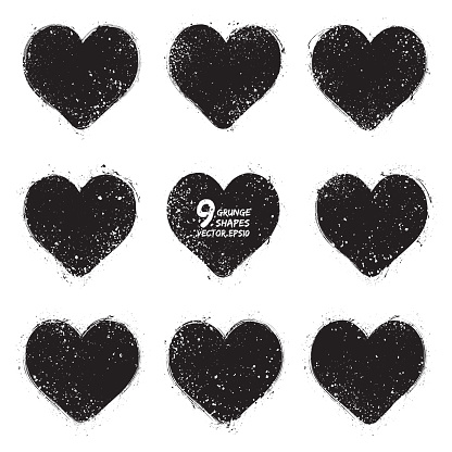 Set of grunge vector hearts. Design elements. Retro background. Vintage background. Valentine background. Abstract background. Hand drawn. Grunge heart. Abstract shape