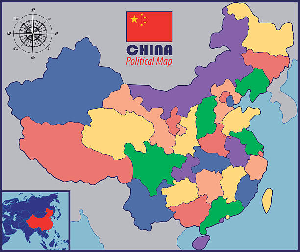 ilustrações de stock, clip art, desenhos animados e ícones de em branco colorido mapa da china com bandeira - shaanxi province illustrations