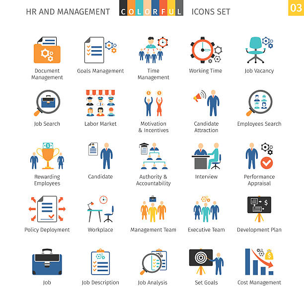 ilustraciones, imágenes clip art, dibujos animados e iconos de stock de plano de recursos humanos de - evaluación del desempeño