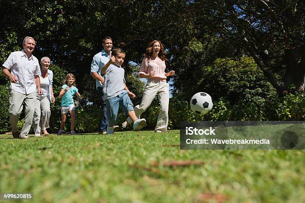 Cheerful Multi Generation Family Playing Football Stock Photo - Download Image Now - Granddaughter, Grandfather, Grandson