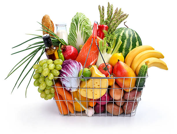 istock Metal shopping basket with groceries 499621220