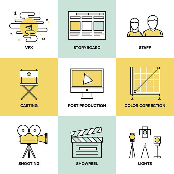 Films and post production flat icons Flat line icons set of professional film production, movie shooting, studio showreel, actors casting, storyboard writing, vfx visual effects and post production. Flat design style modern vector illustration concept. post production house stock illustrations