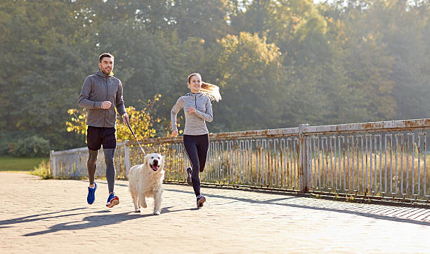 heureux couple avec un chien courir en plein air - dog pets healthy lifestyle cheerful photos et images de collection