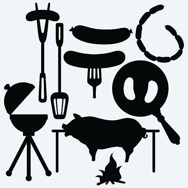 ilustraciones, imágenes clip art, dibujos animados e iconos de stock de conjunto de objetos para asar - spit roasted