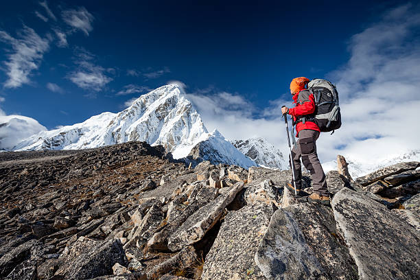 istock Hiker walks on train in Himalayas 499630236