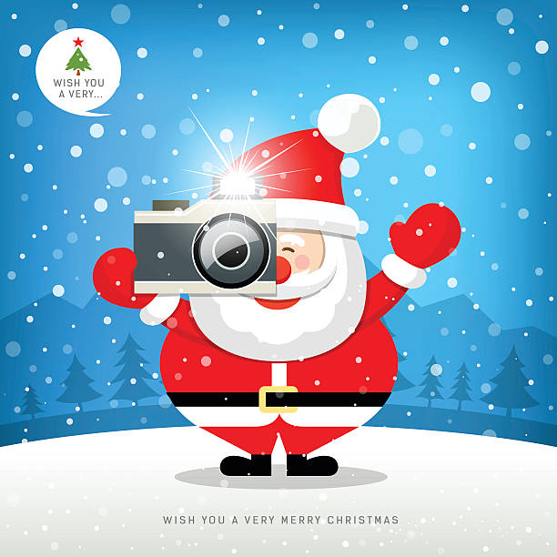 illustrations, cliparts, dessins animés et icônes de joyeux noël santa claus main tenant l'appareil photo à la neige - new greetings flash
