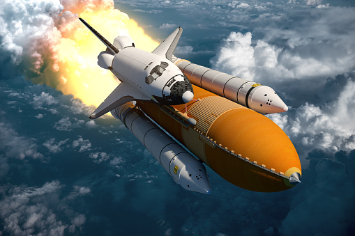 Space Shuttle Flying Over The Clouds. 3D Scene.