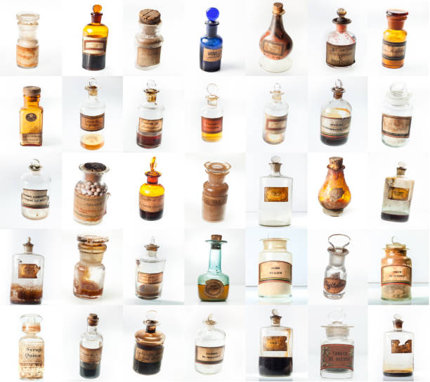 Poster showing thirty-five old vintage aphotecary's bottles. 