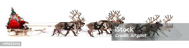 Santa Claus Is Sitting In A Deer Sleigh Stock Photo - Download Image Now - Animal Sleigh, Santa Claus, Reindeer