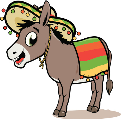 Vector illustration of a cartoon Mexican donkey wearing a sombrero and a colorful blanket.