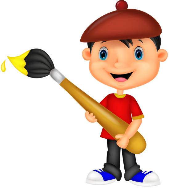 istock Little boy cartoon is painting with paintbrush 499640719