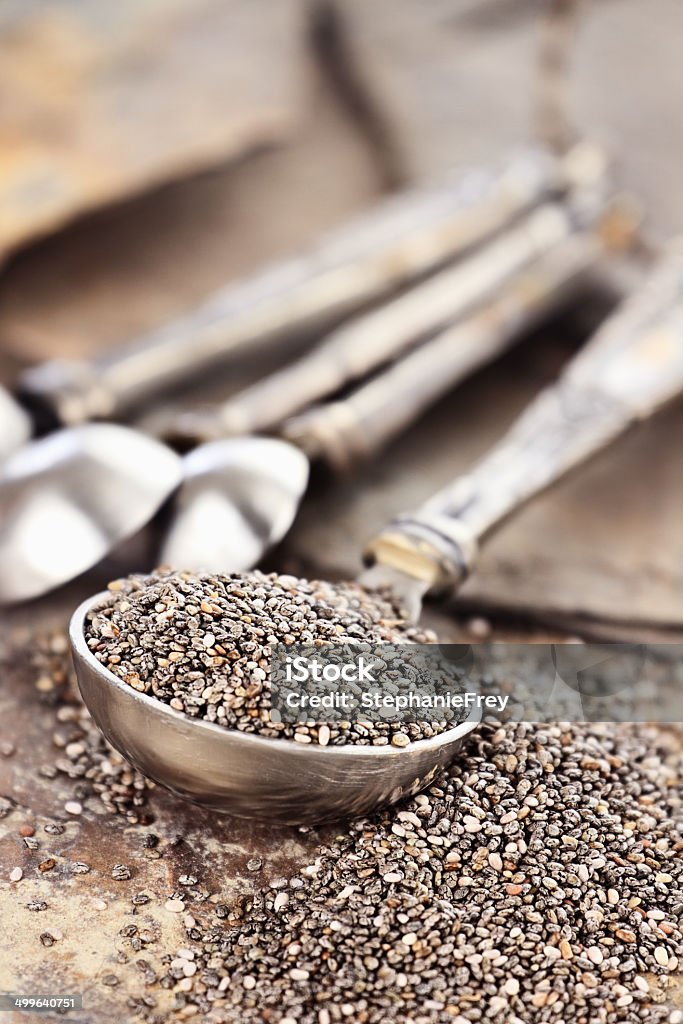 Measuring Spoon of Chia Seeds Tablespoon of healthy chia seeds with selective focus and extreme shallow depth of field. Antioxidant Stock Photo