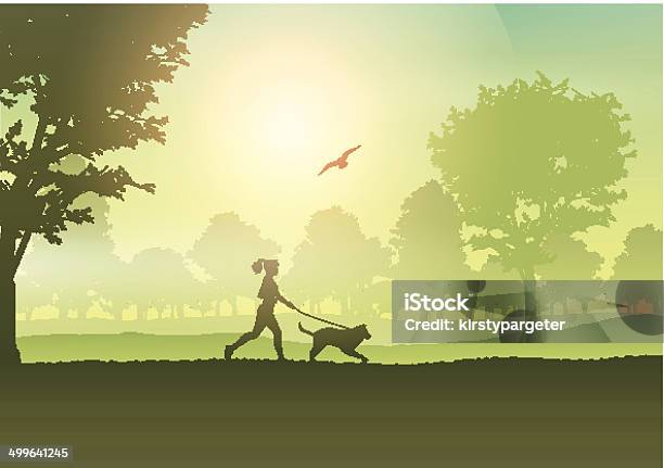 Weibliche Joggen Mit Hund In Landschaft Stock Vektor Art und mehr Bilder von Baum - Baum, Bildhintergrund, Erwachsene Person