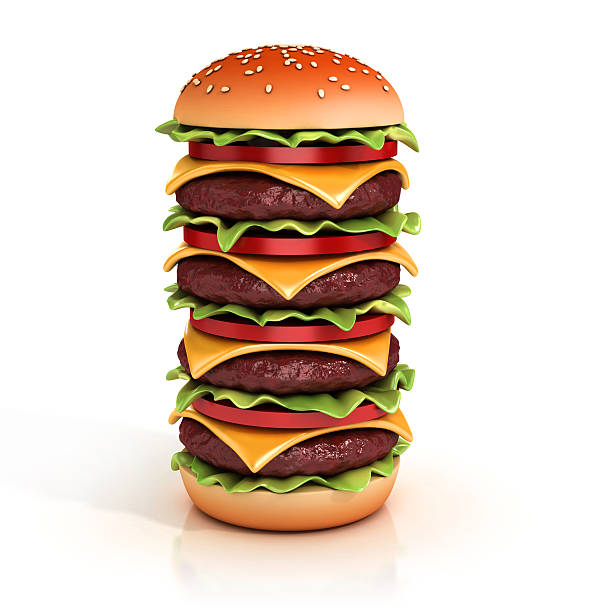 hamburger tower 3d-illustration - three dimensional hamburger unhealthy eating isolated on white stock-fotos und bilder