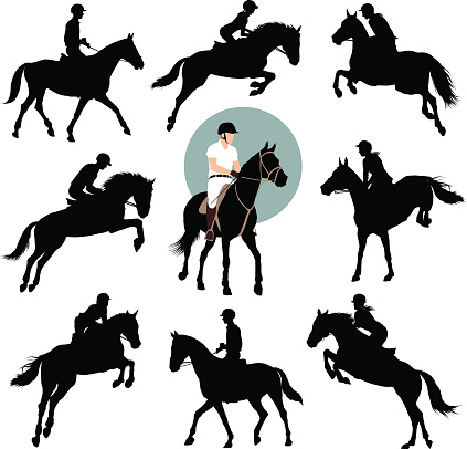 Horse and rider jumping vector silhouettes set. Equestrian sports. EPS8
