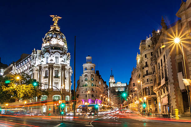 Gran Via in Madrid, Spain, Europe. Rays of traffic lights on Gran via street, main shopping street in Madrid at night. Spain, Europe. madrid photos stock pictures, royalty-free photos & images