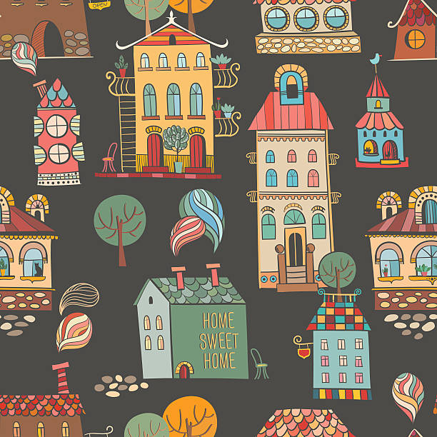 istock Seamless hand drawn buildings in vintage style on dark backgroun 499643497