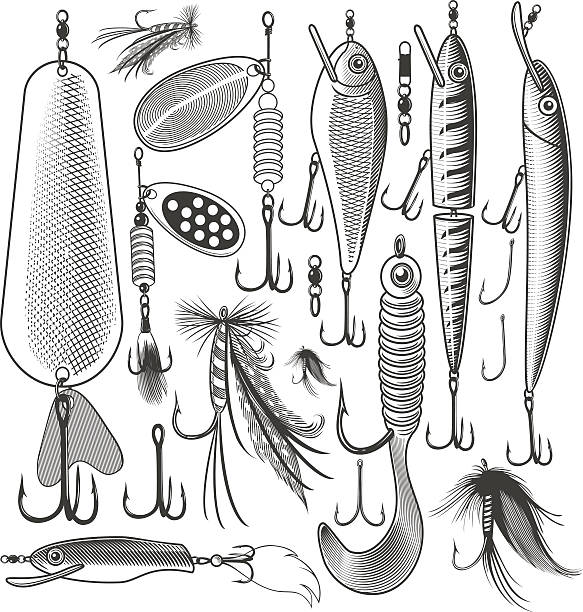 ilustraciones, imágenes clip art, dibujos animados e iconos de stock de pesca atrae artificial - aparejo de pesca ilustraciones